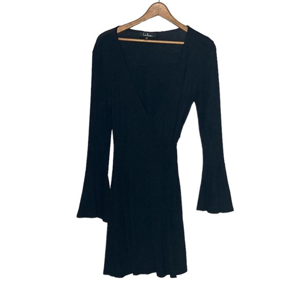 Lulus Small S Black Plot Twist Flounce Sleeve Stretch Flirty Mini Wrap‎ Dress - Picture 5 of 8